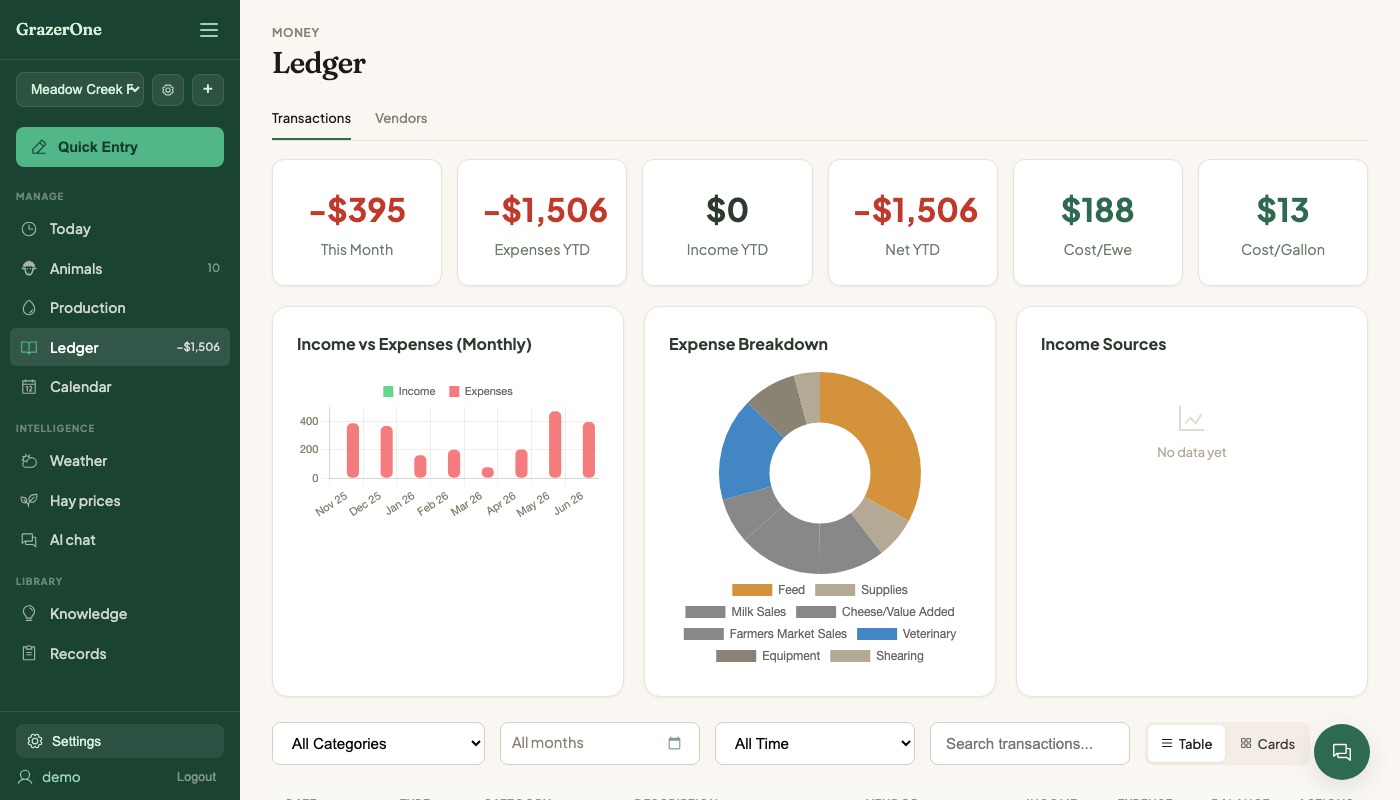 GrazerOne ledger view with financial charts
