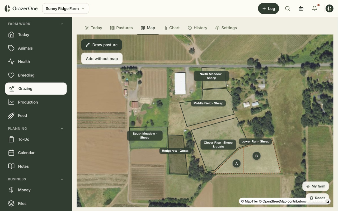 Pasture map on a computer: each pasture outlined on the satellite view, labeled for sheep, goats or both