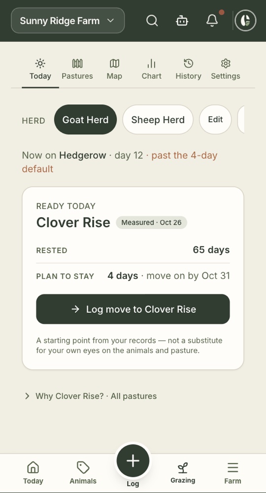 On the phone: the pasture that's ready today and how long to stay