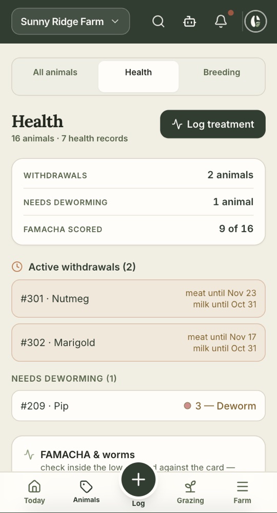 Withdrawals and deworming on the health screen