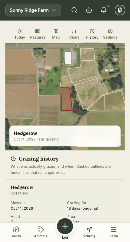 Grazing history: the satellite map with the current pasture outlined, and each move with its dates